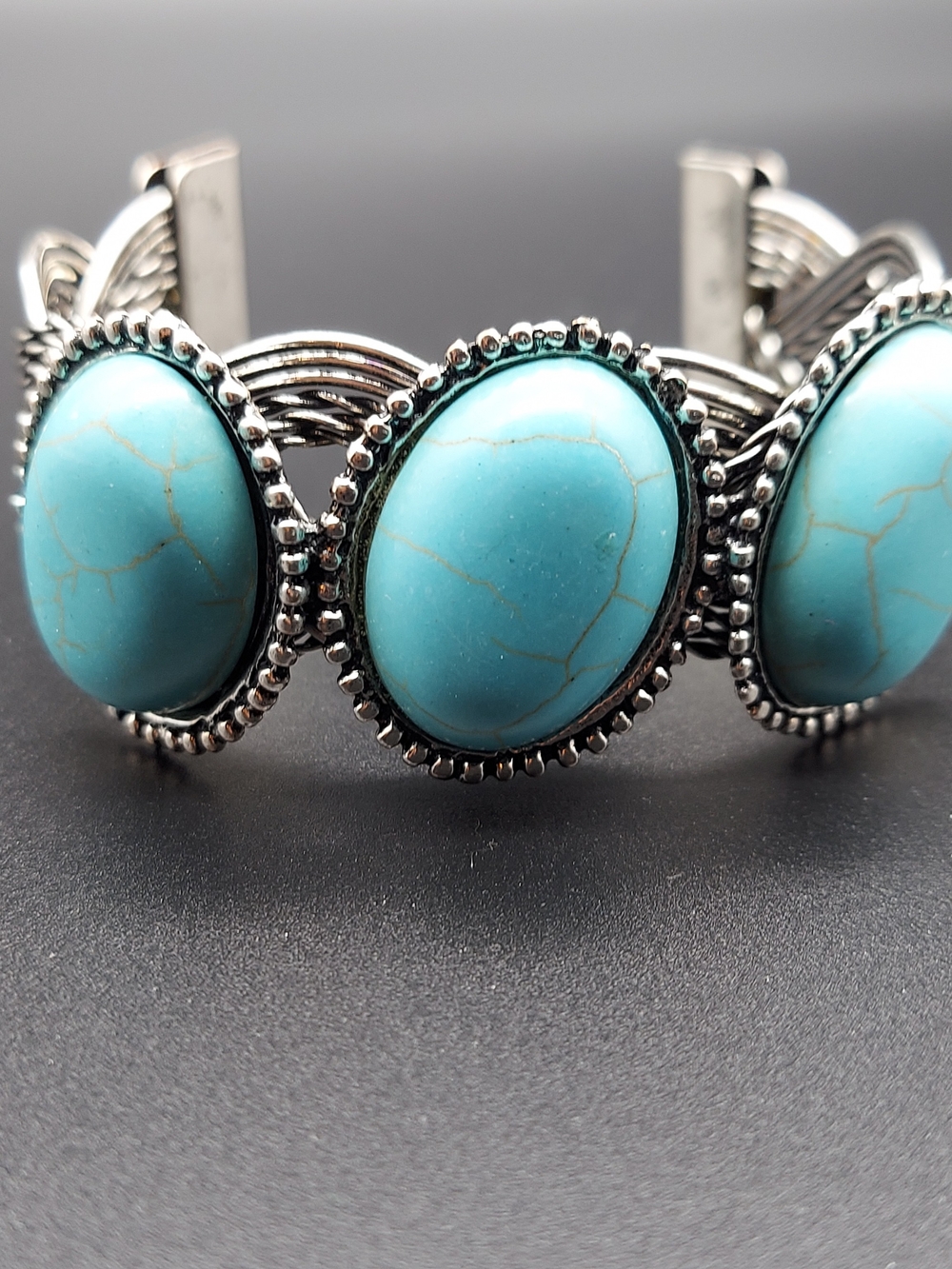 Turquoise Oval Stone Silver-Tone Cuff Bracelet - Women Jewelry
